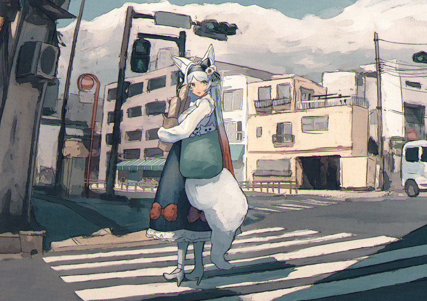 1girl, absurdres, animal, animal_ear_fluff, animal_ears, apartment, awning, bag