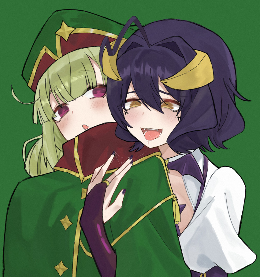 2girls, araga_kiwi, bridal_gauntlets, brown_eyes, commentary, double_bun, english_commentary, fangs