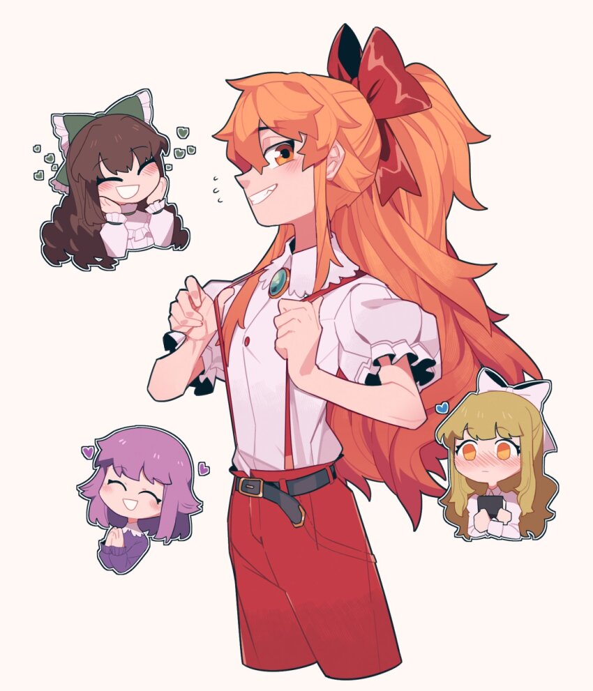 4girls, :d, ^_^, belt, black_belt, blonde_hair, blush, bow