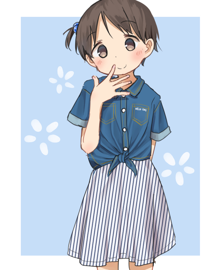 1girl, arm_behind_back, black_hair, blue_background, blush, border, brown_eyes, child