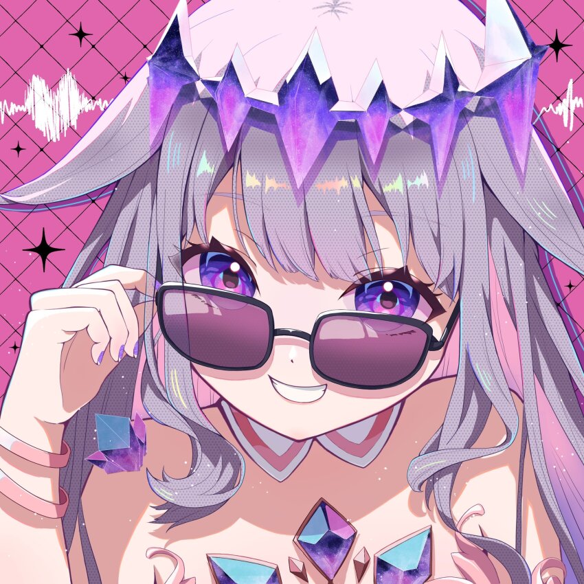 1girl, bracelet, chest_jewel, detached_collar, grey_hair, highres, hololive, hololive_english, jewelry, koseki_bijou, koseki_bijou_(1st_costume), long_hair, looking_over_eyewear, mimo_(mimo_illust), portrait, purple_background, purple_eyes, purple_nails, smile, sparkle, sparkling_aura, sunglasses, virtual_youtuber