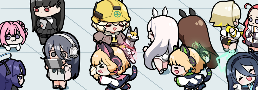 6+girls, 777_(nikke), absurdly_long_hair, animal_ear_headphones, animal_ear_headwear, animal_ears, aqua_halo, aris_(blue_archive)