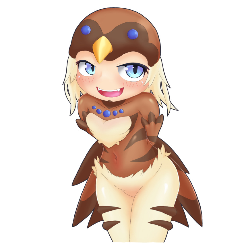 1girl, arms_behind_back, bird_hat, bird_legs, bird_tail, blonde_hair, blue_eyes, blush