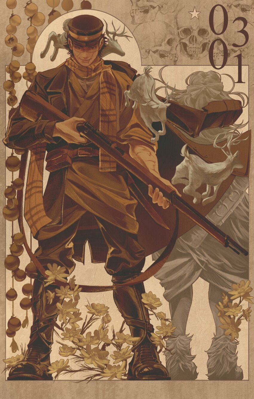 1boy, 1girl, arisaka, asirpa, back-to-back, birthday, bolt_action, boots, brown_theme, deer, facial_scar, full_body, golden_kamuy, gun, hat, highres, inset_border, kepi, madu_(honeybreqd), male_focus, military_hat, plant, rifle, running, scar, scar_on_cheek, scar_on_face, scar_on_nose, scarf, skull, smile, standing, sugimoto_saichi, symbolism, weapon