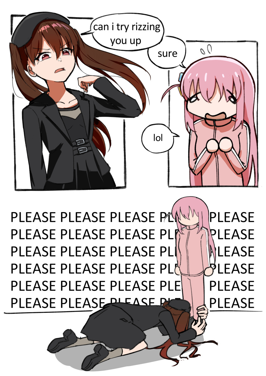 2girls, absurdres, belt, beret, black_belt, black_footwear, black_headwear, black_jacket, black_skirt, bocchi_the_rock!, brown_eyes, brown_hair, can_i_try_rizzing_you_up_(meme), commentary, cube_hair_ornament, english_commentary, english_text, face_of_the_people_who_sank_all_their_money_into_the_fx_(meme), flying_sweatdrops, fukaikiri, gotoh_hitori, hair_ornament, hat, highres, jacket, long_hair, long_sleeves, meme, multiple_belts, multiple_girls, one_side_up, ootsuki_yoyoko, open_mouth, pants, pink_hair, pink_jacket, pink_pants, shoes, skirt, speech_bubble, track_jacket, twintails, v-shaped_eyebrows, white_background
