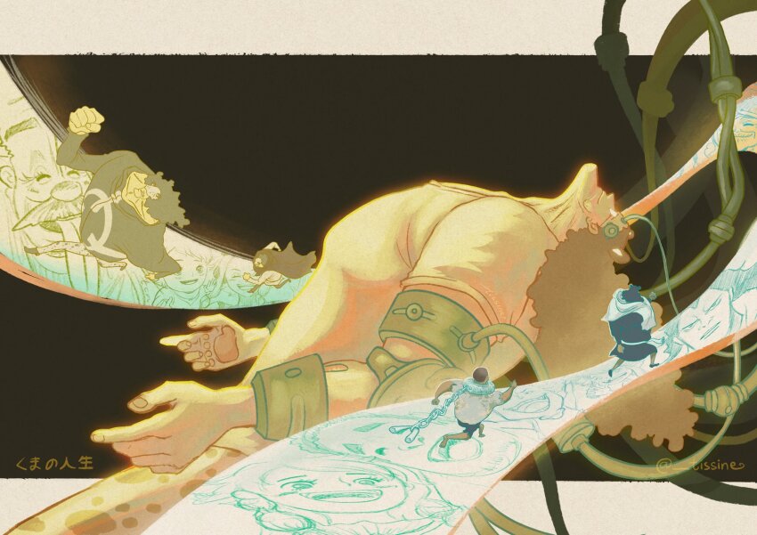 1boy, age_progression, animal_ears, bartholomew_kuma, bear_ears, bear_paws, black_hair, black_shirt, border, chain, character_request, clapp_(one_piece), clenched_hands, curly_hair, dr._vegapunk, emporio_ivankov, ginny_(one_piece), glasses, head_back, highres, jewelry_bonney, letterboxed, long_hair, monkey_d._dragon, one_piece, outside_border, pawpads, remembering, running, screenshot_inset, shirt, slave, smile, solo_focus, tissine, twitter_username, white_border, white_shirt, wire