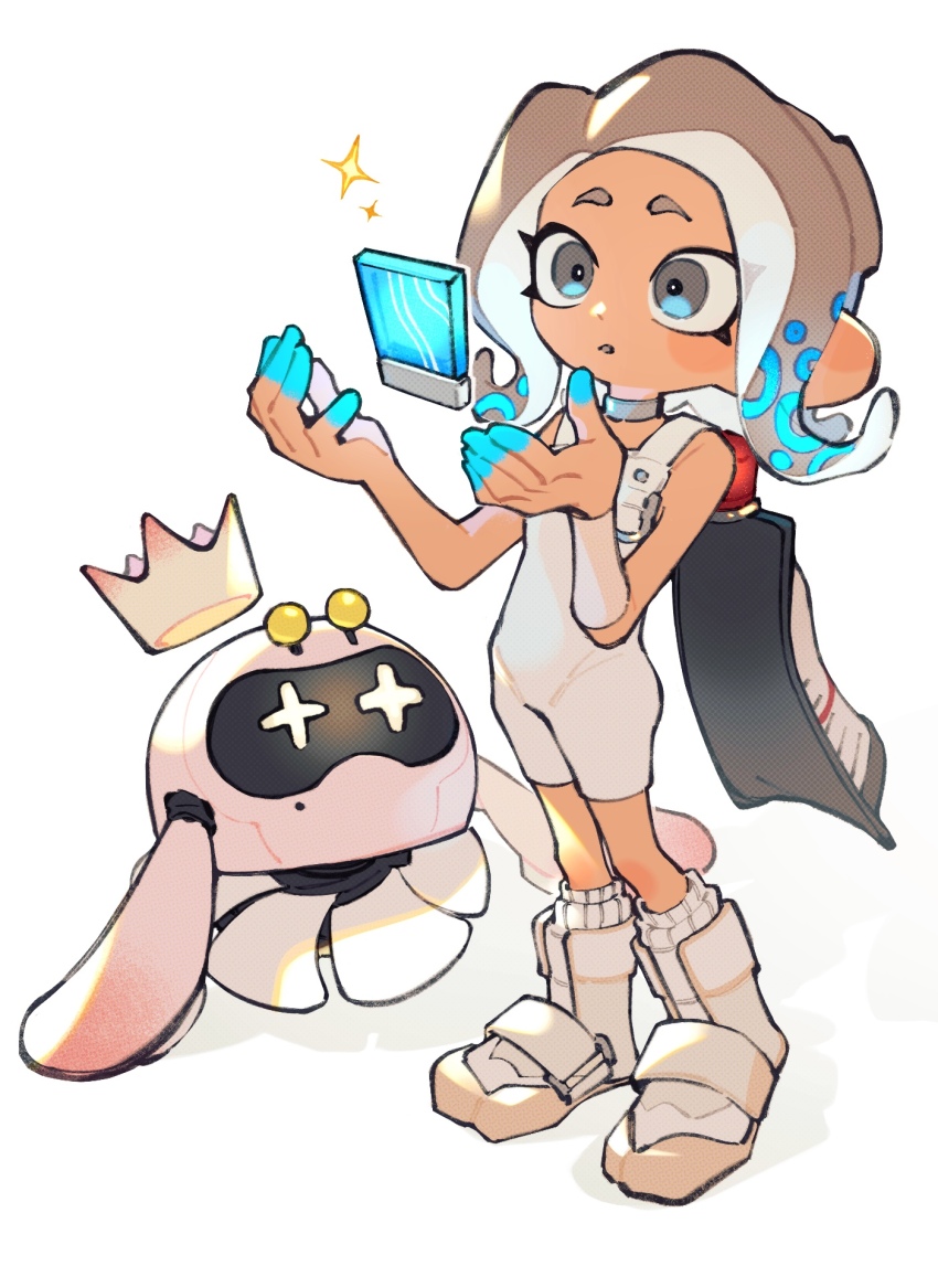 2girls, agent_8_(splatoon), blue_hair, bodysuit, boots, brown_hair, choker, crown