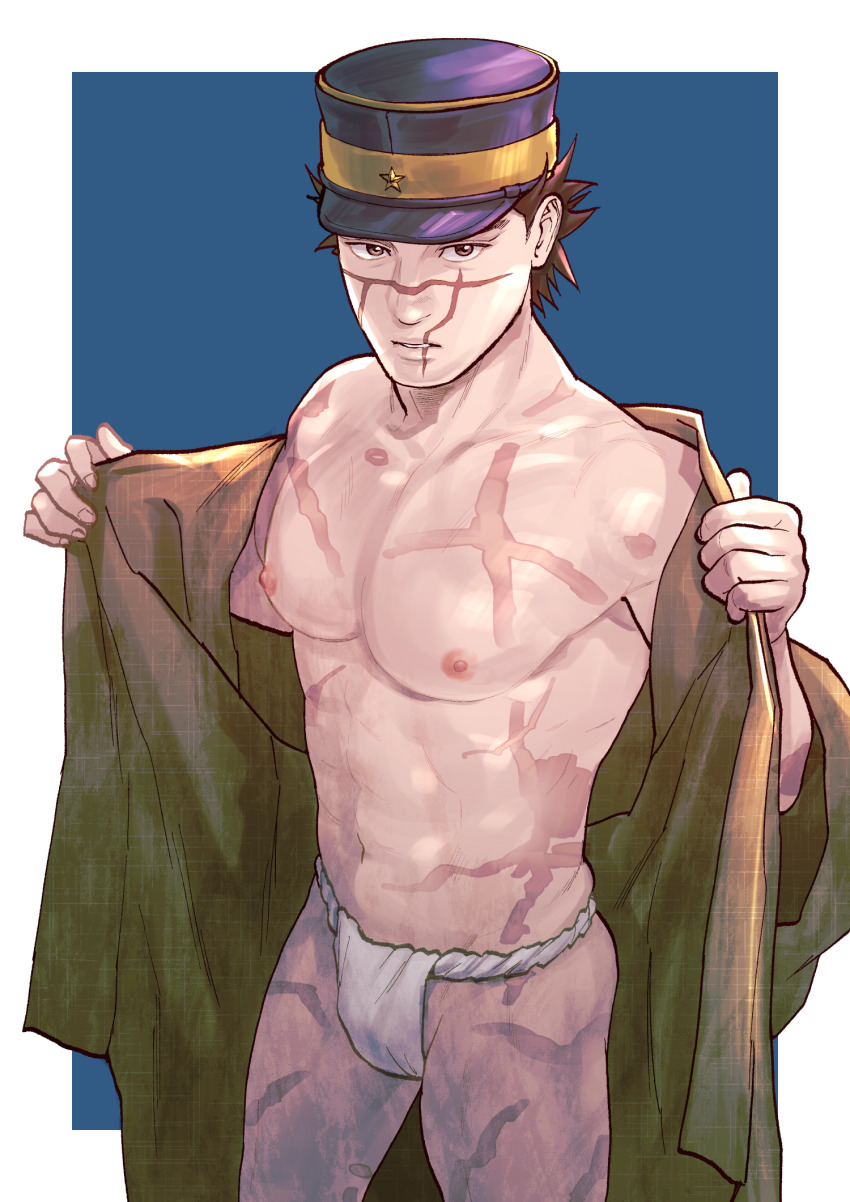 1boy, abs, bara, bare_pectorals, black_hair, brown_kimono, bulge, facial_scar