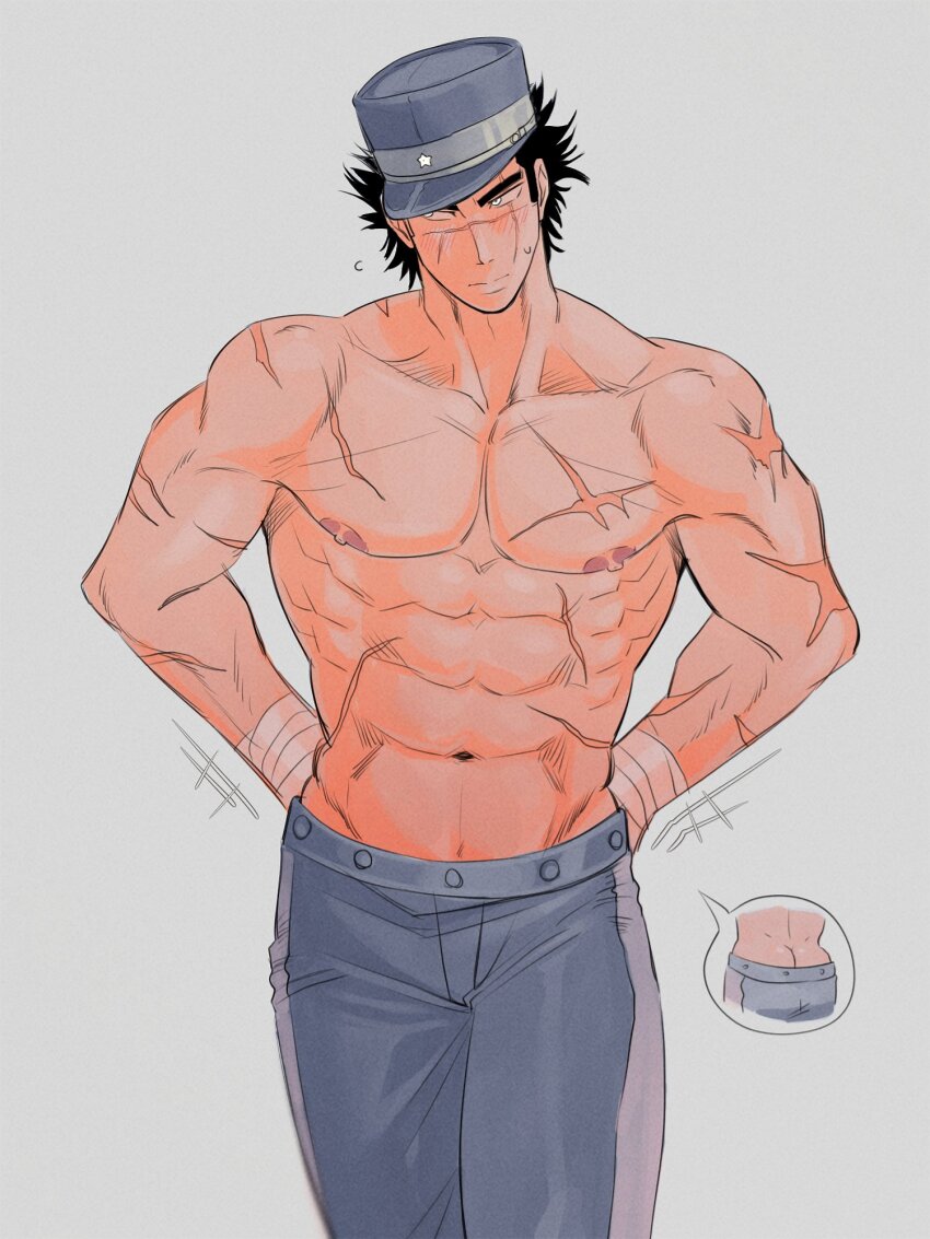 1boy, abs, averting_eyes, bara, butt_crack, cowboy_shot, facial_scar, flexing_pectorals