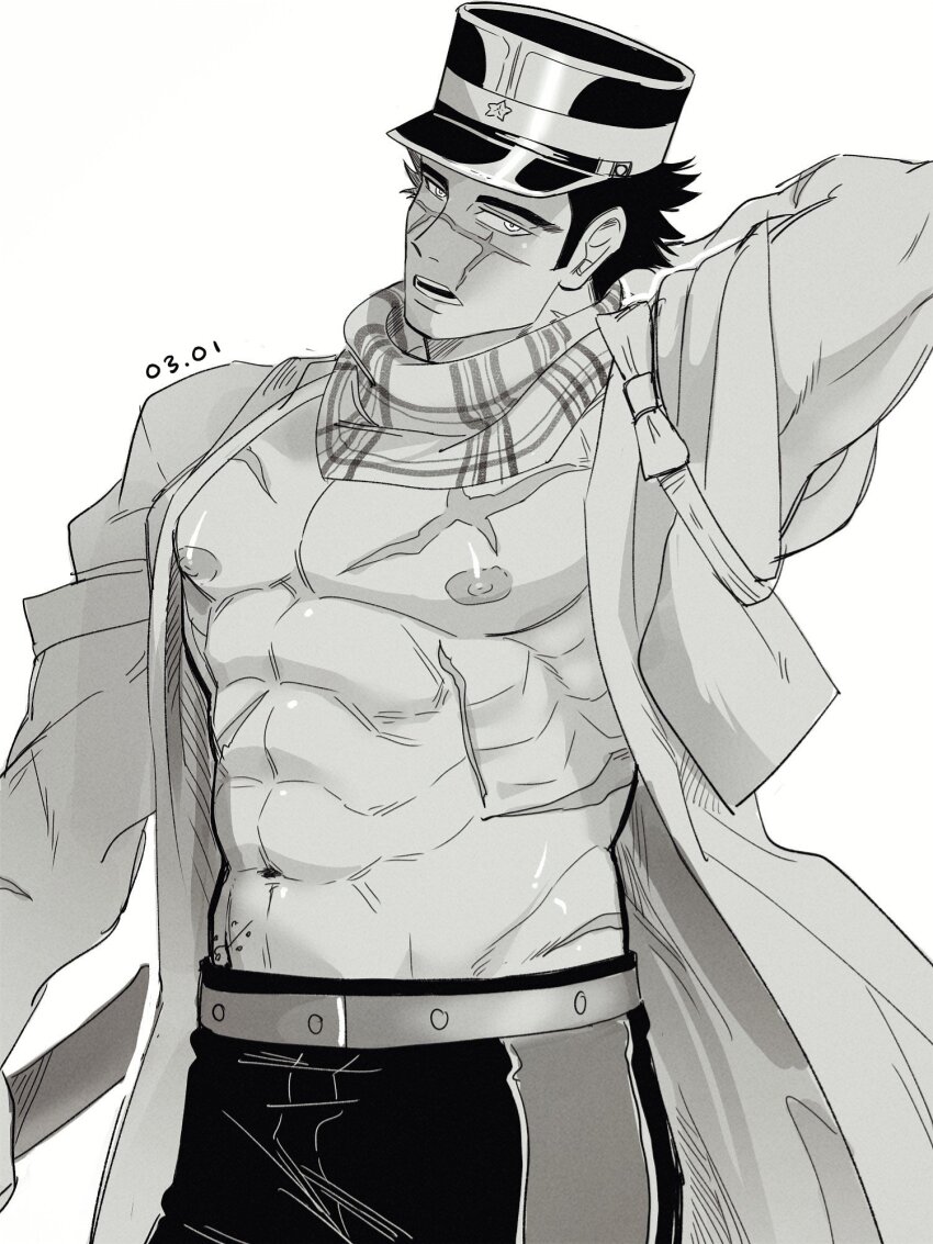 1boy, abs, bara, cowboy_shot, facial_scar, golden_kamuy, greyscale, hat