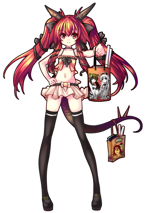 1girl, abe_takakazu, black_thighhighs, cameo, dragon_girl, dragon_tail, female_focus, flat_chest, horns, kuso_miso_technique, legs, long_hair, merchandise, midriff, miniskirt, monster_girl, navel, nefarian, onyxia, orange_eyes, personification, red_hair, ribbon, shoes, skirt, solo, tail, thighhighs, thrall, twintails, varian_wrynn, very_long_hair, warcraft, world_of_warcraft