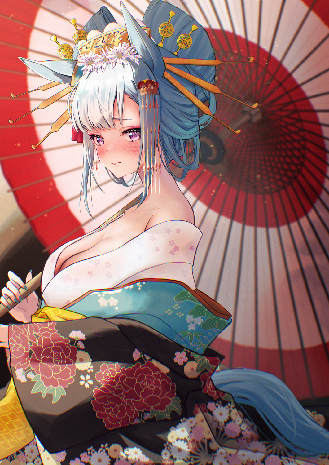 1girl, alternate_costume, alternate_hairstyle, animal_ears, blue_hair, blue_nails, breasts, cleavage