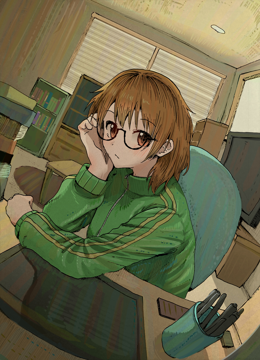 1girl, absurdres, araki_hina, black-framed_eyewear, blush, bookshelf, drawing_tablet, dutch_angle