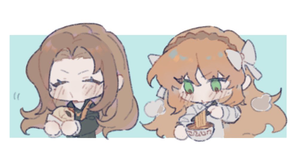 2girls, black_coat, blowing_on_food, blush, bow, bowl, brown_hairband, chibi, chopsticks, coat, eating, food, green_eyes, hair_bow, hairband, holding, holding_chopsticks, ishmael_(project_moon), limbus_company, liu_association_south_uniform, long_hair, moomsaw, multiple_girls, noodles, orange_hair, parted_bangs, project_moon, ramen, rodion_(project_moon), rope, sidelocks, steamed_bun, very_long_hair, white_bow