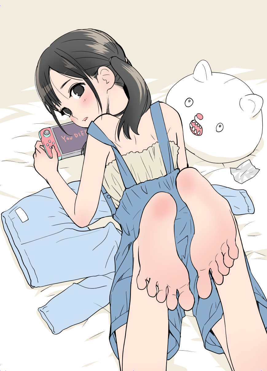 1girl, animal-shaped_pillow, barefoot, black_eyes, black_hair, blush, candy_wrapper, fanged_bangs