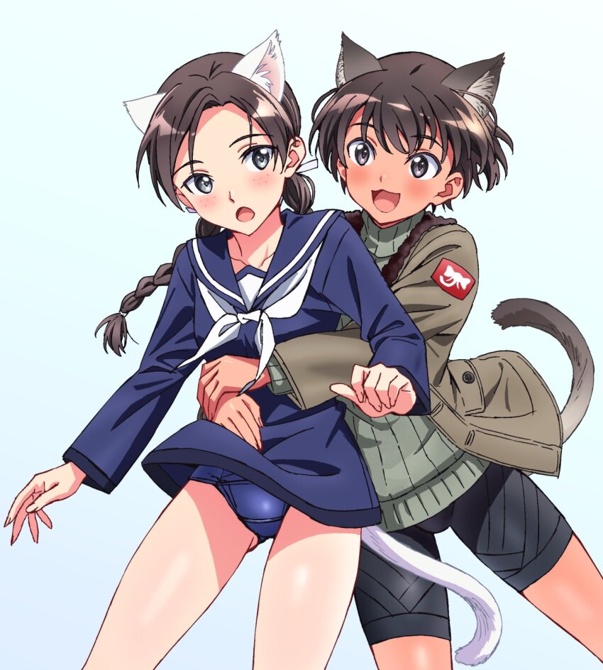 2girls, animal_ears, black_hair, blush, braid, brave_witches, cat_ears, cat_tail