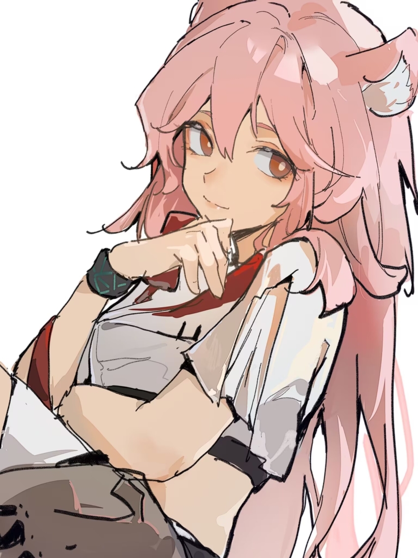 1girl, animal_ears, arknights, bright_pupils, brown_eyes, closed_mouth, crop_top, cropped_shirt, gravel_(arknights), hair_between_eyes, hand_on_own_chin, hand_up, highres, infection_monitor_(arknights), long_hair, looking_to_the_side, pink_hair, shirt, short_sleeves, sia_di_gou, simple_background, sitting, sketch, smile, solo, split_mouth, upper_body, white_background, white_pupils, white_shirt