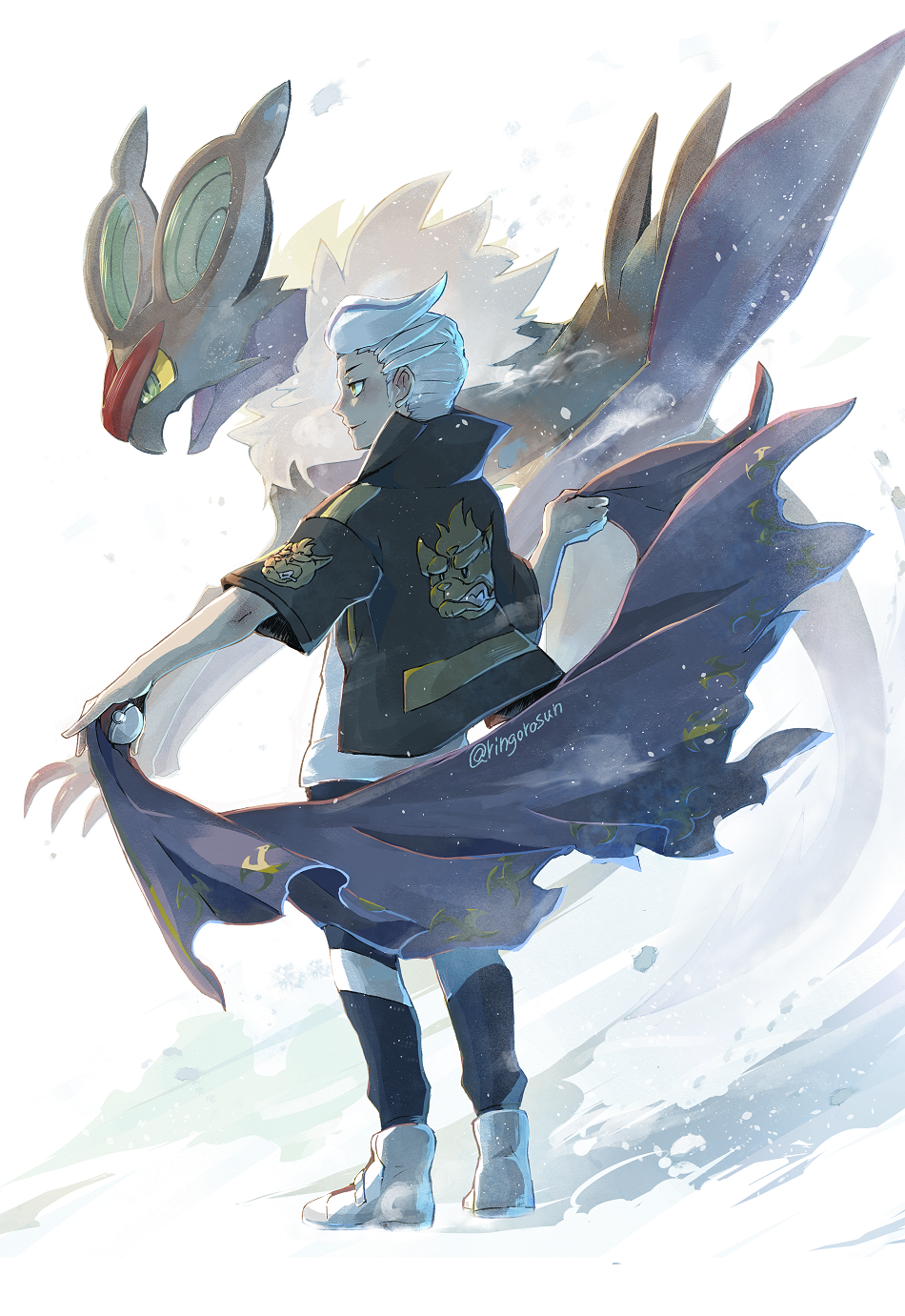 1boy, closed_mouth, commentary_request, drayton_(pokemon), gen_6_pokemon, highres, holding, holding_poke_ball