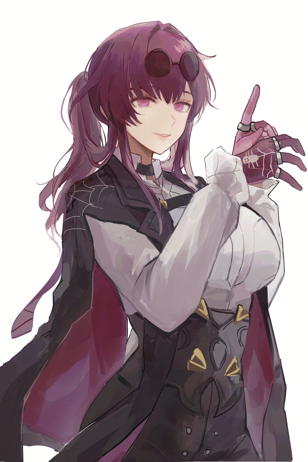 1girl, black_jacket, black_pants, collared_shirt, cowboy_shot, gloves, hair_between_eyes, high-waist_pants