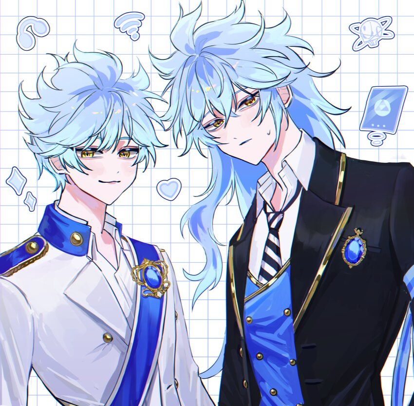 2boys, :3, absurdres, armband, black_jacket, black_necktie, blue_armband, blue_eyeliner