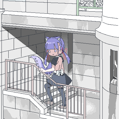 1girl, akihabara_(tokyo), apron, arm_at_side, back_bow, bare_back, black_skirt, black_sleeves, black_thighhighs, blunt_bangs, bow, brick_wall, brown_shoes, building, day, dithering, full_body, hair_ribbon, hand_on_railing, lokulo-chan_(lokulo_no_mawashimono), lokulo_no_mawashimono, loli, long_hair, looking_to_the_side, low_twintails, lowres, manseibashi, o_o, open_mouth, original, outdoors, puffy_short_sleeves, puffy_sleeves, purple_hair, real_world_location, red_ribbon, ribbon, shadow, shoes, short_sleeves, shrug_(clothing), skirt, solo, stairs, tentacles, thighhighs, topless_female, twintails, waist_apron, walking, white_bow, wide_shot