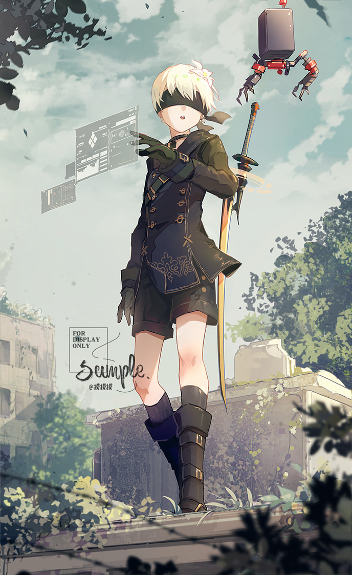 1boy, 9s_(nier:automata), bishounen, black_gloves, blindfold, boots, full_body, gloves, male_focus, mo_mo_zi, nier:automata, nier_(series), open_mouth, outdoors, pod_(nier:automata), short_hair, shorts, solo, sword, thighs, tree, weapon, white_hair