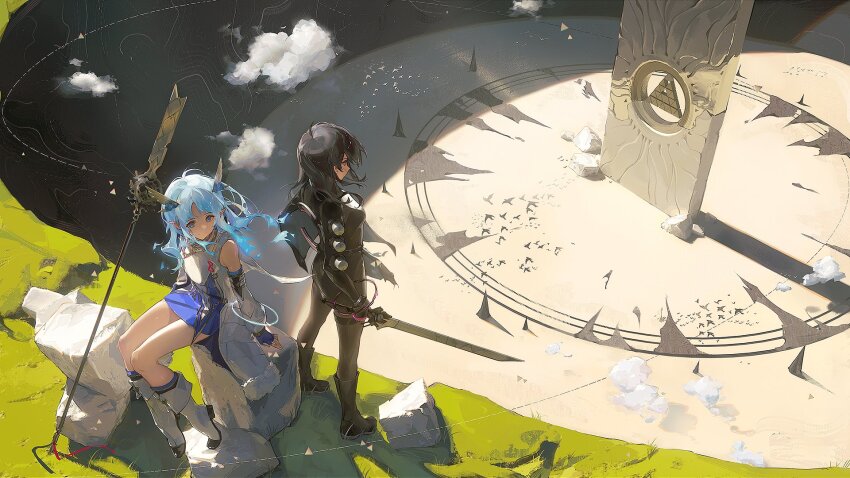 2girls, back-to-back, black_capelet, black_footwear, black_hair, black_pantyhose, blue_eyes, blue_hair