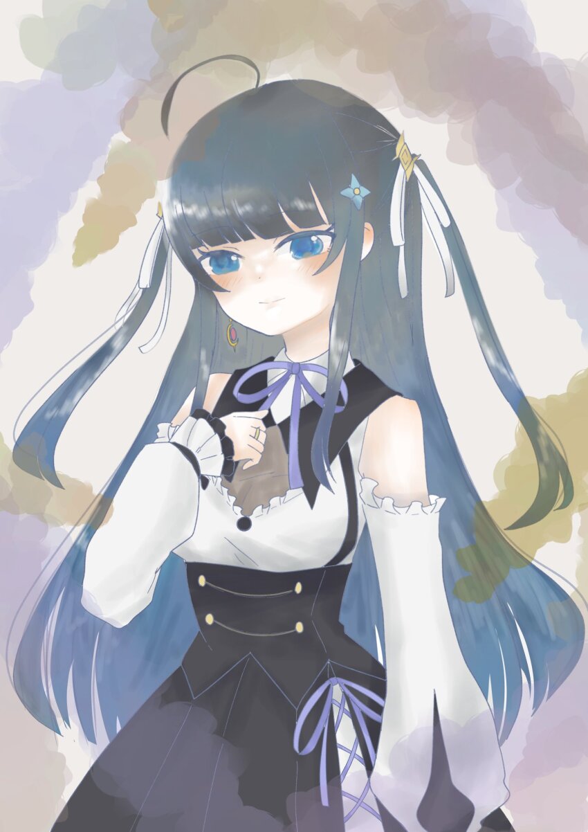 1girl, ahoge, arm_at_side, assault_lily, bare_shoulders, black_footwear, black_hair, black_skirt