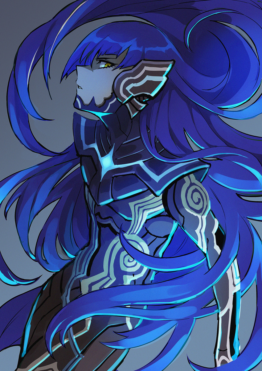 1boy, androgynous, arms_at_sides, black_bodysuit, blue_hair, bodysuit, cowboy_shot, film_grain, from_side, grey_background, highres, long_hair, looking_at_viewer, looking_to_the_side, male_focus, matamataki, parted_lips, protagonist_(aogami_nahobino)_(smtv), protagonist_(smtv), shin_megami_tensei, shin_megami_tensei_v, sidelighting, sideways_glance, simple_background, skin_tight, solo, trap, very_long_hair, yellow_eyes