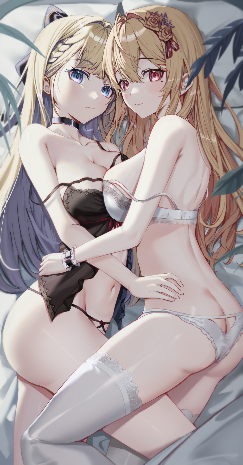 2girls, absurdres, ass, ass_cutout, babydoll, bare_arms, bare_shoulders, black_babydoll