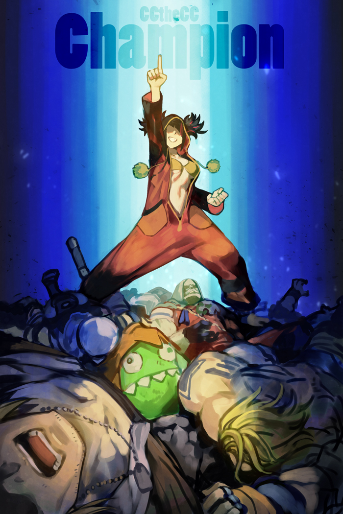 1girl, after_battle, blanka-chan, bra, breasts, capcom_cup, cleavage, clenched_hand