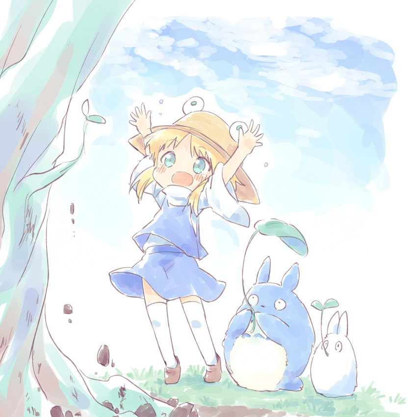 1girl, arms_up, ayakashi_(monkeypanch), blonde_hair, blue_eyes, blue_skirt, blue_vest, blush