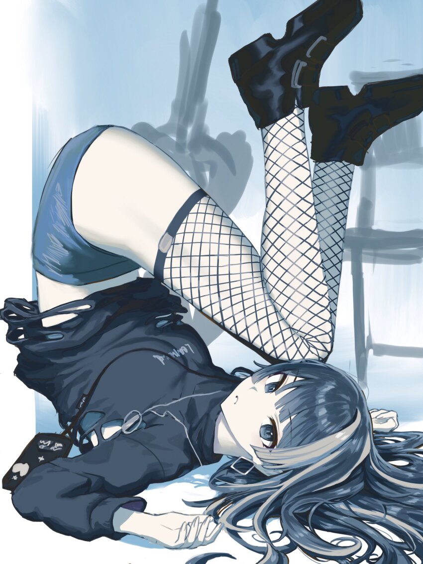 1girl, black_boots, black_eyes, black_hair, black_sweater, blue_shorts, blunt_bangs, boots