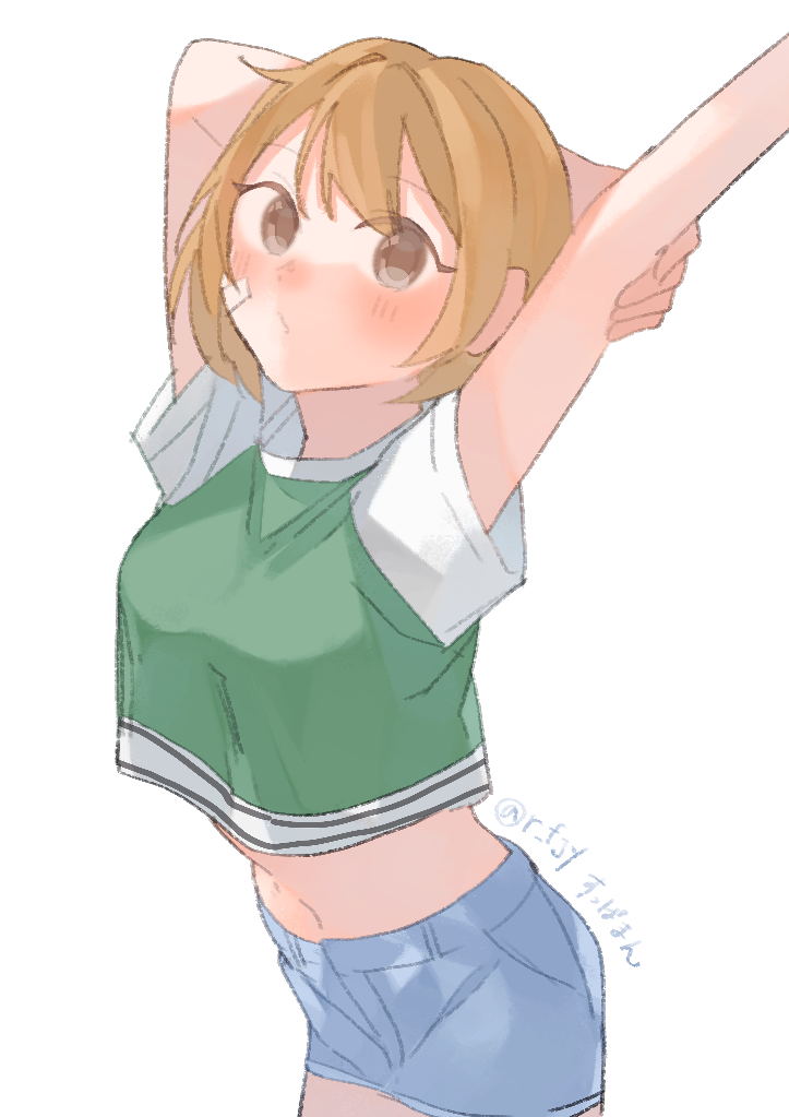 1girl, arm_behind_head, bandaid, bandaid_on_face, blue_skirt, brown_eyes, cowboy_shot, denim, denim_skirt, green_shirt, kantai_collection, light_brown_hair, midriff, oboro_(kancolle), oboro_(sasebo_2023)_(kancolle), official_alternate_costume, shirt, simple_background, skirt, solo, standing, suppaman_(rfjy), white_background