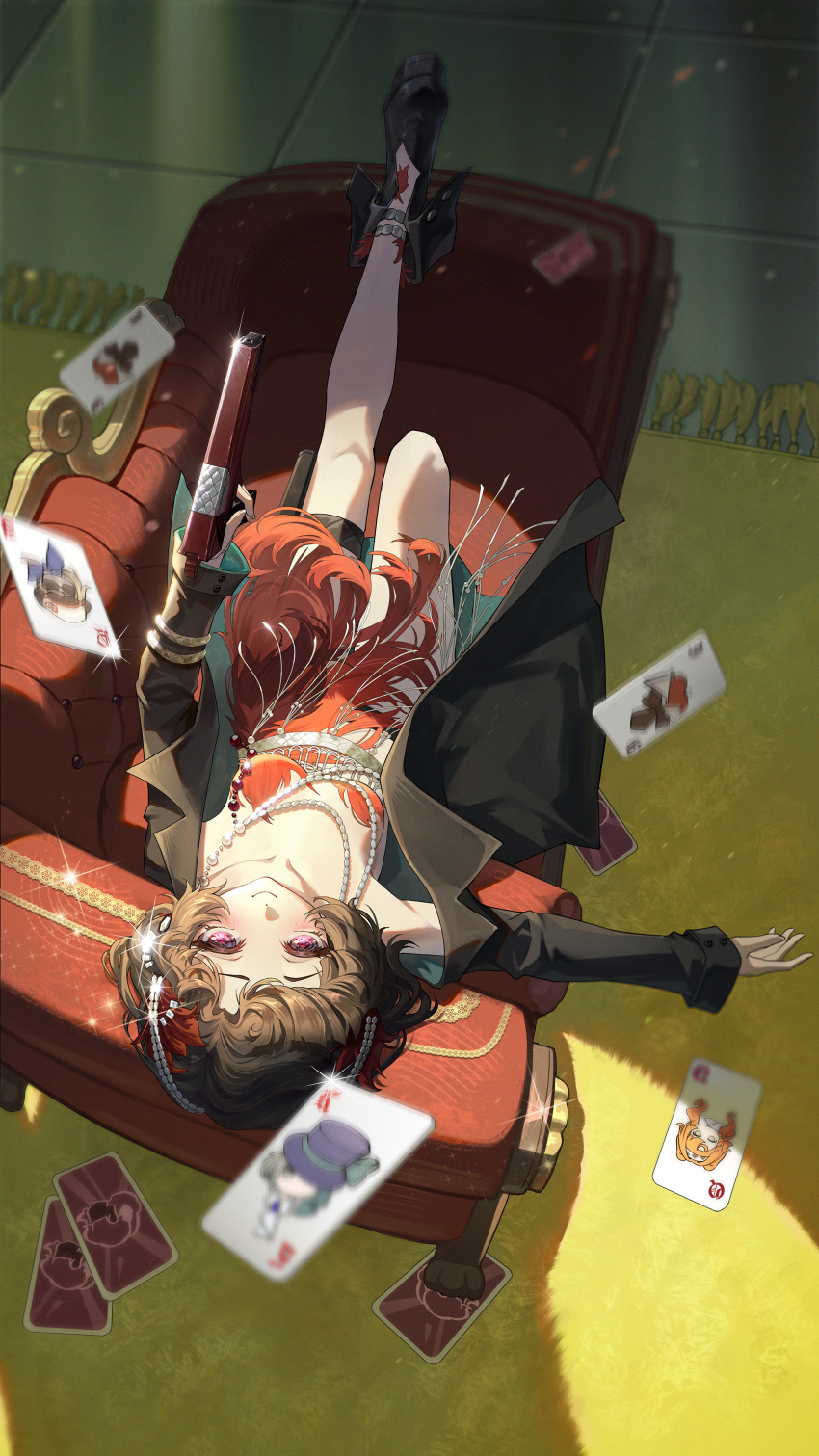 1girl, absurdres, ankle_boots, apple_(reverse:1999), black_boots, black_coat, black_hair, boots, breasts, card, carpet, character_playing_cards, coat, collarbone, couch, curly_hair, dress, feather_dress, feather_hair_ornament, feathers, floating_card, from_above, gun, hair_ornament, hand_up, handgun, highres, holding, holding_gun, holding_weapon, holster, jack_(playing_card), jewelry, kay0707, king_(playing_card), looking_at_viewer, lying, motion_blur, necklace, on_back, on_couch, open_clothes, open_coat, pink_eyes, playing_card, queen_(playing_card), red_dress, red_feathers, regulus_(reverse:1999), reverse:1999, schneider_(reverse:1999), short_dress, short_hair, small_breasts, smile, solo, sonetto_(reverse:1999), thigh_holster, tile_floor, tiles, upside-down, vertin_(reverse:1999), weapon