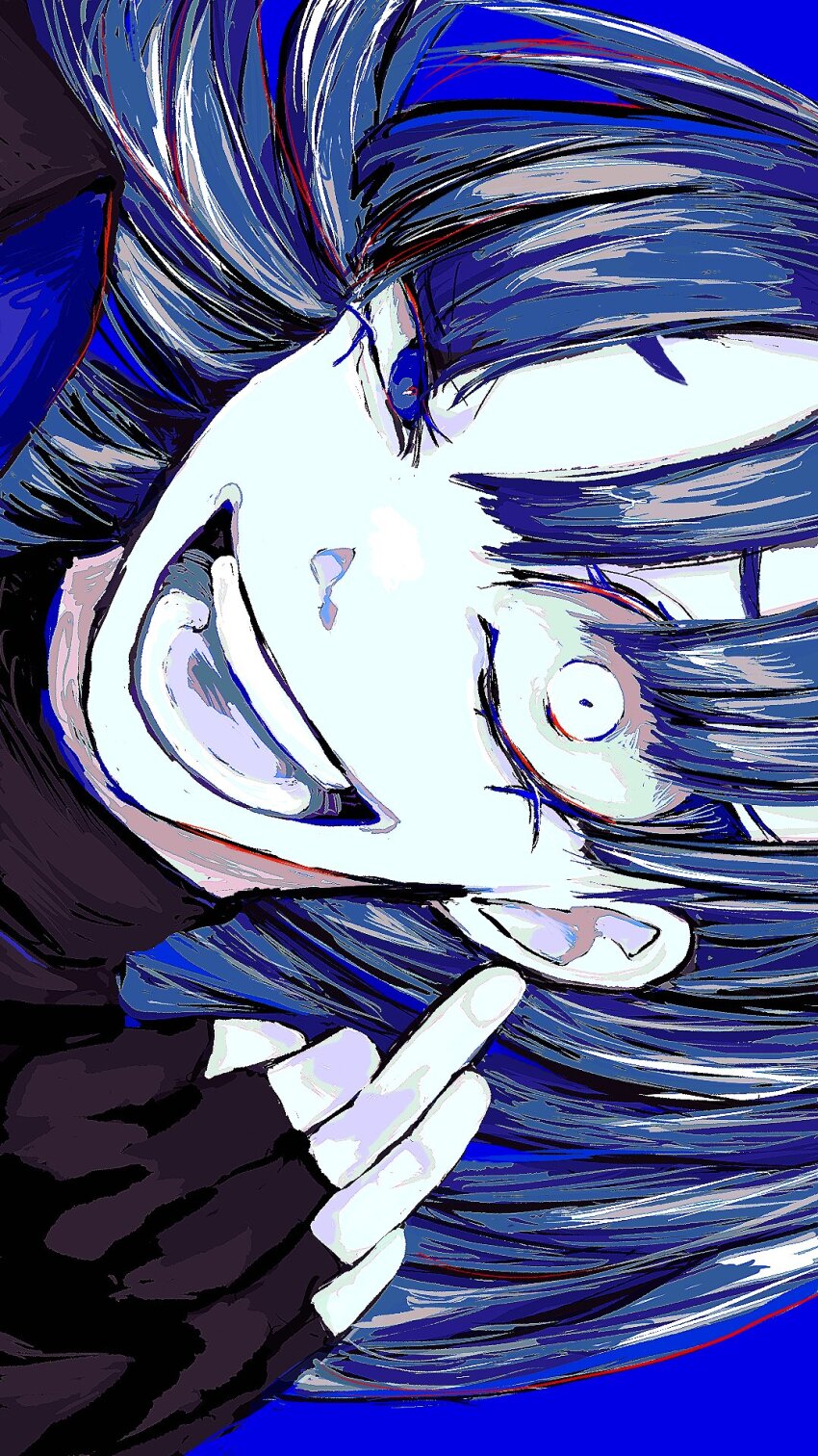 1girl, ado_(utaite), black_gloves, blue_background, blue_eyes, blue_hair, commentary, fingerless_gloves, gloves, hariiiiito10, heterochromia, highres, long_hair, looking_at_viewer, naima_(ado), sideways, solo, teeth, usseewa, white_eyes