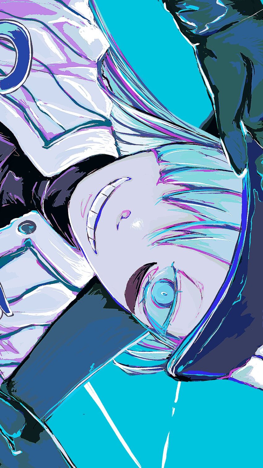 1girl, ado_(utaite), baseball_bat, baseball_cap, black_gloves, blue_background, blue_eyes, blue_hair