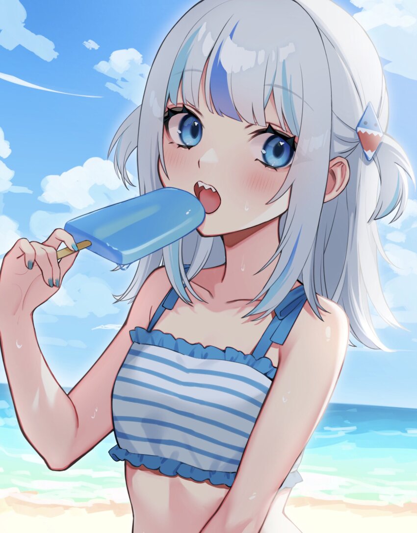 1girl, beach, bikini, blue_bikini, blue_hair, blue_nails, blue_sky, blush, cloud, collarbone, day, food, gawr_gura, helga_(_hlg67), highres, holding, holding_food, holding_popsicle, hololive, hololive_english, long_hair, looking_at_viewer, multicolored_bikini, multicolored_hair, ocean, open_mouth, outdoors, popsicle, sharp_teeth, sky, solo, striped_bikini, striped_clothes, swimsuit, teeth, upper_body, upper_teeth_only, virtual_youtuber, white_bikini, white_hair