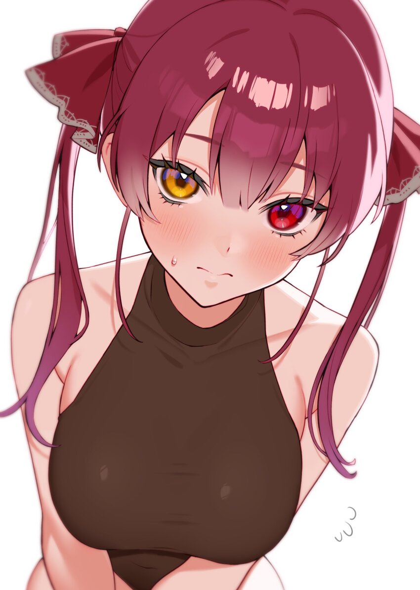 1girl, absurdres, blush, bodystocking, breasts, brown_eyes, closed_mouth, collarbone, flying_sweatdrops, helga_(_hlg67), heterochromia, highres, hololive, houshou_marine, large_breasts, long_hair, looking_at_viewer, red_eyes, red_hair, simple_background, solo, twintails, virtual_youtuber, white_background