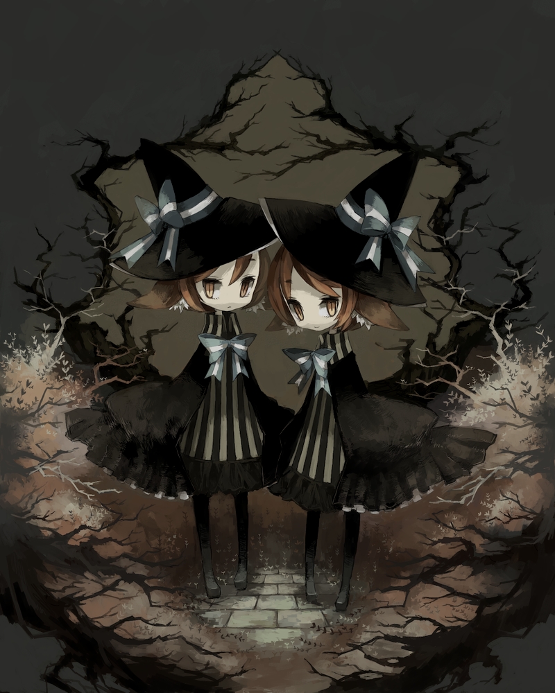 2girls, animal_ears, bad_id, bad_pixiv_id, brown_eyes, brown_hair, cat_ears, halloween