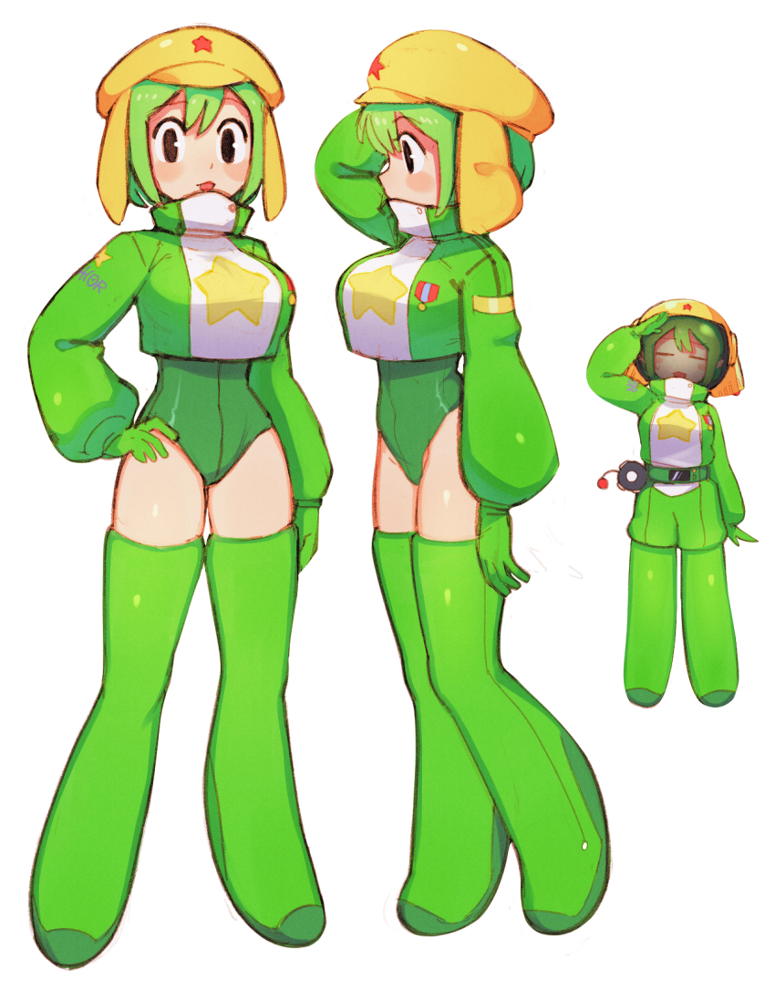 1girl, black_eyes, boots, breasts, gloves, green_boots, green_gloves, green_hair