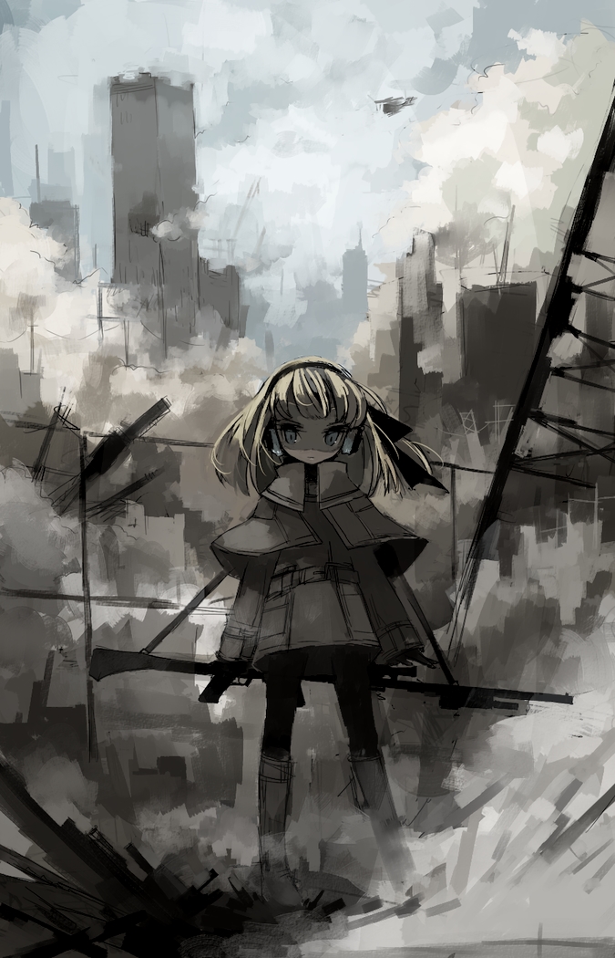 1girl, bad_id, bad_pixiv_id, blonde_hair, blue_eyes, boots, capelet, earmuffs