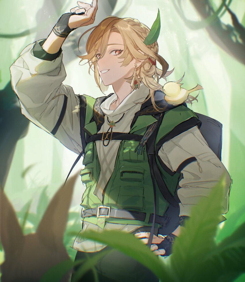 1boy, bird, black_gloves, black_pants, blonde_hair, bush, earrings, feather_hair_ornament