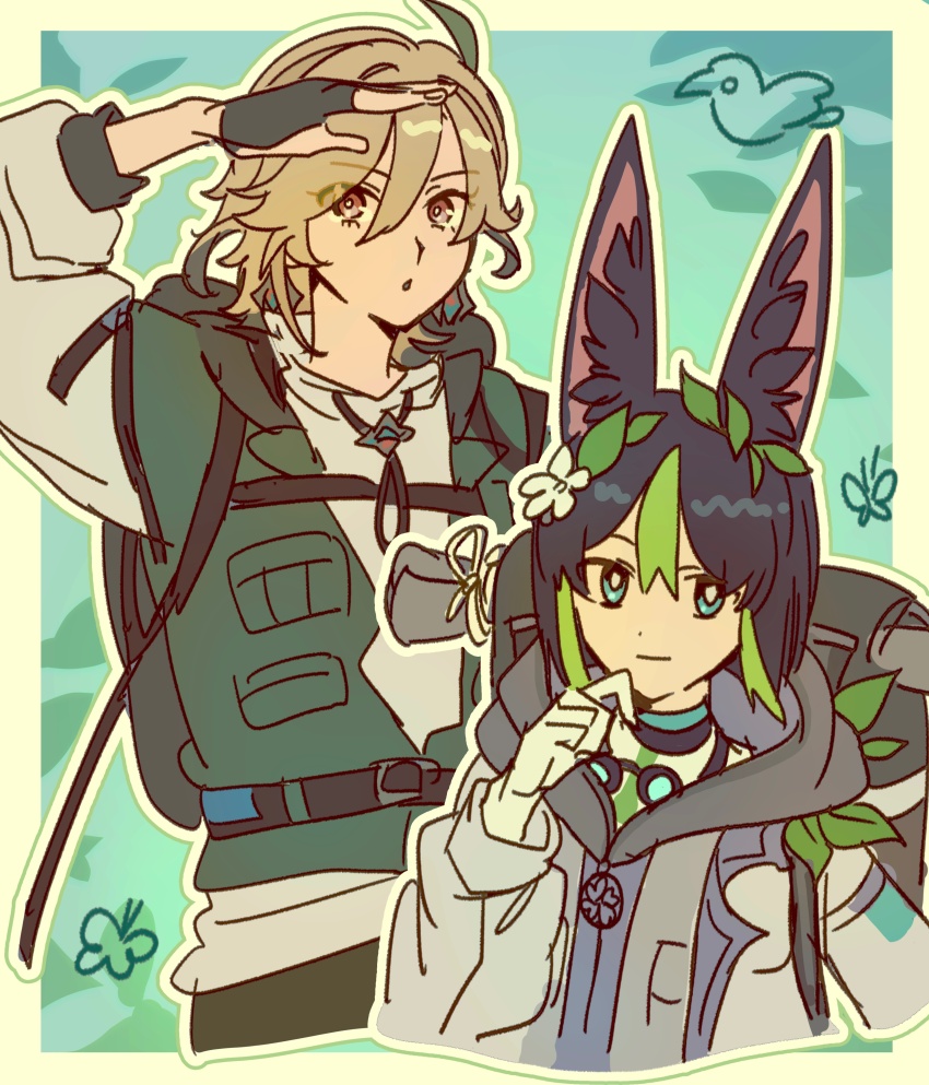 2boys, absurdres, animal_ears, backpack, bag, black_gloves, black_hair, blonde_hair
