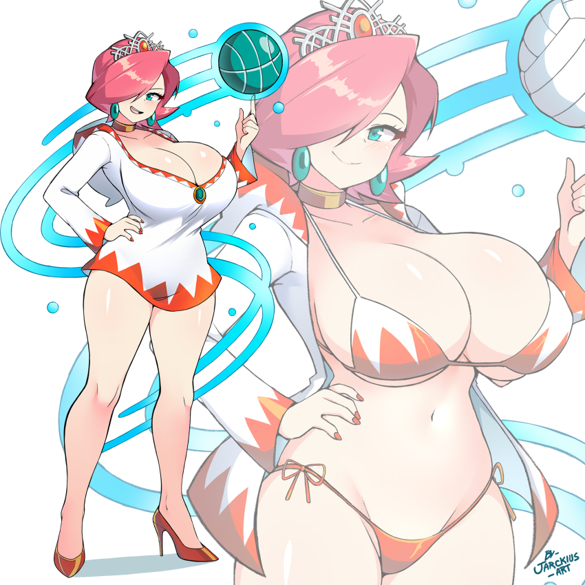 1girl, ball, basketball_(object), bikini, breasts, final_fantasy, highres, huge_breasts, jarckius, mario_(series), mario_hoops_3-on-3, mario_sports_mix, nail_polish, nintendo, one_eye_covered, solo, swimsuit, volleyball_(object), white_mage_(final_fantasy)