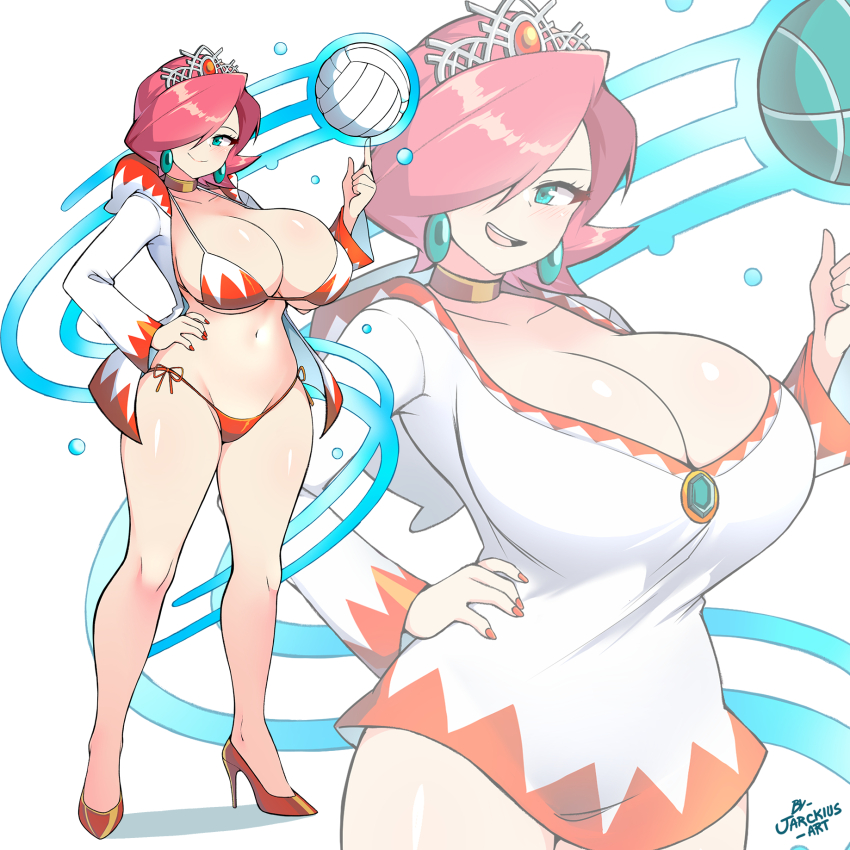 1girl, ball, basketball_(object), bikini, breasts, final_fantasy, highres, huge_breasts, jarckius, mario_(series), mario_hoops_3-on-3, mario_sports_mix, multicolored_bikini, nail_polish, nintendo, one_eye_covered, solo, swimsuit, two-tone_bikini, volleyball_(object), white_mage_(final_fantasy)