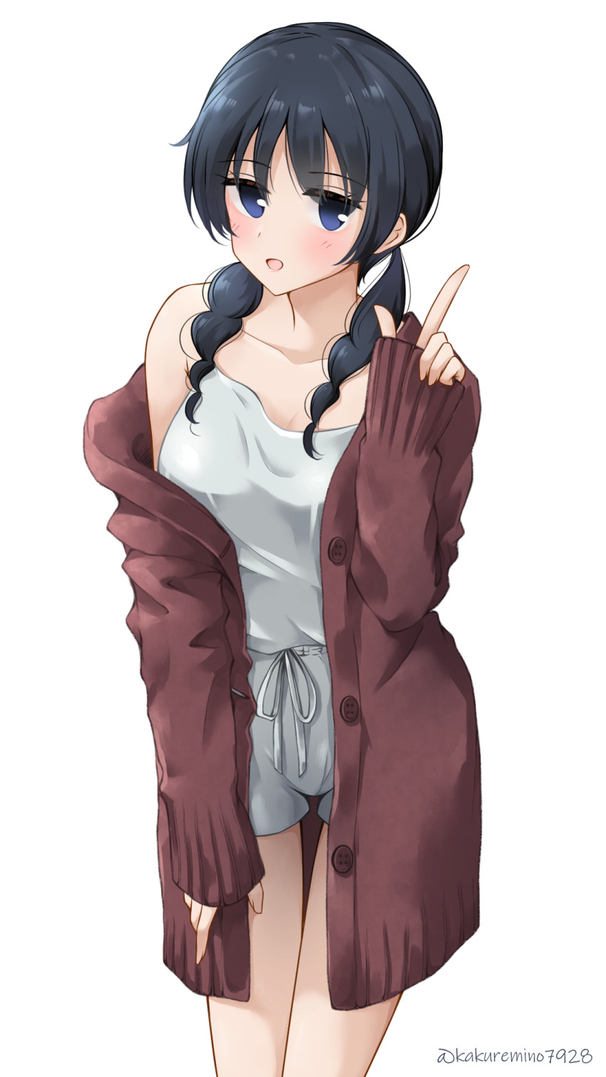 1girl, black_hair, blue_eyes, blush, braid, camisole, cardigan, cowboy_shot, highres, jacket, kakuremino7928, long_hair, looking_at_viewer, off_shoulder, open_clothes, open_jacket, open_mouth, seitokai_yakuindomo, short_shorts, shorts, smile, solo, standing, twin_braids, twintails, uomi, uomi_chihiro, white_camisole