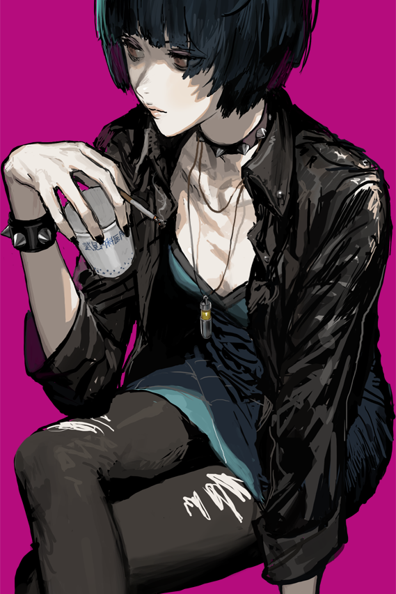 1girl, black_hair, black_jacket, bracelet, brown_eyes, choker, cigarette, commentary