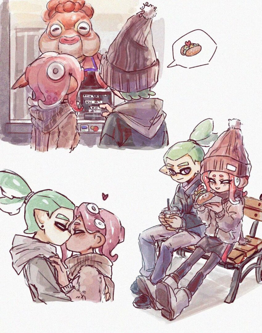 1boy, 2girls, ^_^, agent_3_(splatoon), agent_8_(splatoon), aqua_hair, bench, bright_pupils, brown_scarf, chinese_commentary, closed_eyes, closed_mouth, cup, disposable_cup, film_grain, food, grey_jacket, gucandiyi52092, hair_behind_ear, heart, hetero, highres, holding, holding_cup, holding_food, inkling, inkling_boy, inkling_player_character, jacket, kiss, marigold_(splatoon), medium_hair, multiple_girls, nintendo, octoling, octoling_girl, octoling_player_character, pointy_ears, ponytail, purple_eyes, red_hair, scarf, short_hair, sitting, smile, speech_bubble, splatoon_(series), spoken_object, staff_(splatoon), tentacle_hair, white_pupils, wooden_bench