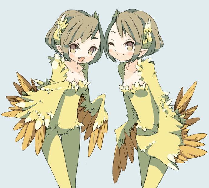 2girls, bad_id, bad_pixiv_id, breasts, brown_eyes, brown_hair, cleavage, fang, feathered_wings, harpy, head_wings, looking_at_viewer, monster_girl, multiple_girls, nakayoko, original, pointy_ears, short_hair, small_breasts, smile, winged_arms, wings, yellow_eyes, yokoe_(mealtime)